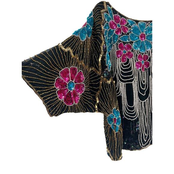 1980s Vintage Chanson D’Amour Sequined Beaded Top Silk Black Floral size Small - Picture 7 of 15
